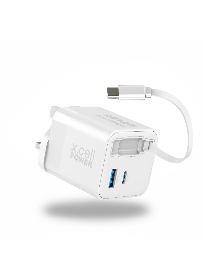 Xcell 45W GaN II USB-C Fast Charger with 65cm Retractable Cable, 3-Port Fast Charging (2 USB-C PD + USB-A QC 3.0), PPS Support, Compact Wall Charger for iPhone 16/17, Samsung & USB-C Devices, Black - Image 1